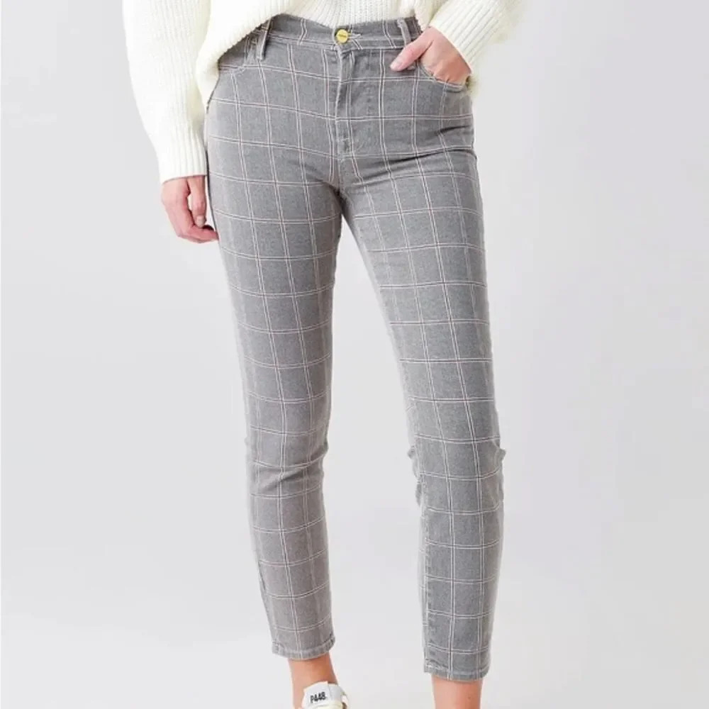 FRAME Le High Rise Skinny Crop Windowpane Plaid Pants Gray Size 28